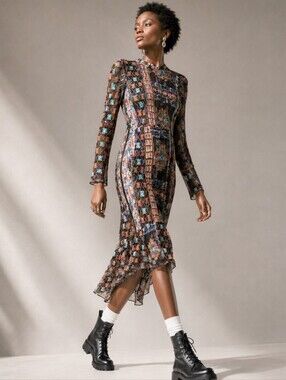 Zara Boho Embroidered Sheer Mesh Dress Long Sleeve Floral Tapestry Midi Small